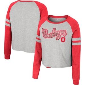 Colosseum Ohio State Buckeyes Womens Cropped Raglan Long Sleeve Shirt Gray Red M